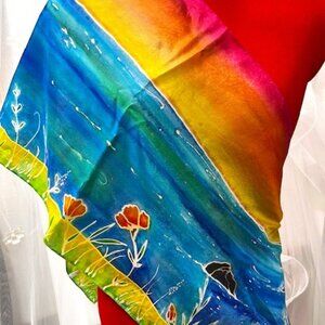 SALE: Handpainted Silk Habotai Scarf - 14" x 60" - "Sonoma Coast Poppies"